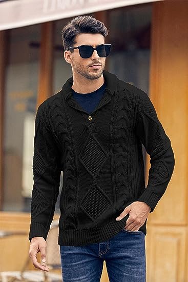 Mens Shawl Collar Pullover Sweater Cable Knitted Cotton Slim Fit Ribbed Chunky Winter Thermal Twisted Sweaters